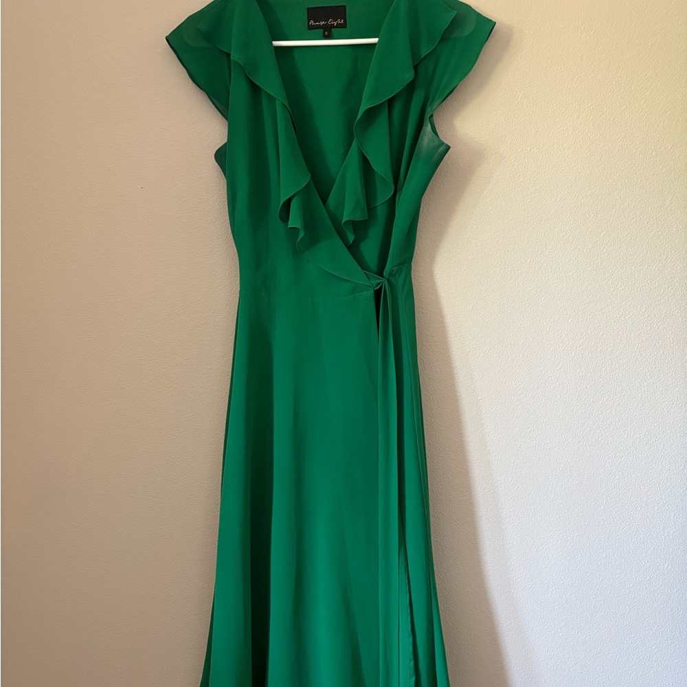 Emerald Green Ruffled Wrap Midi Dress
